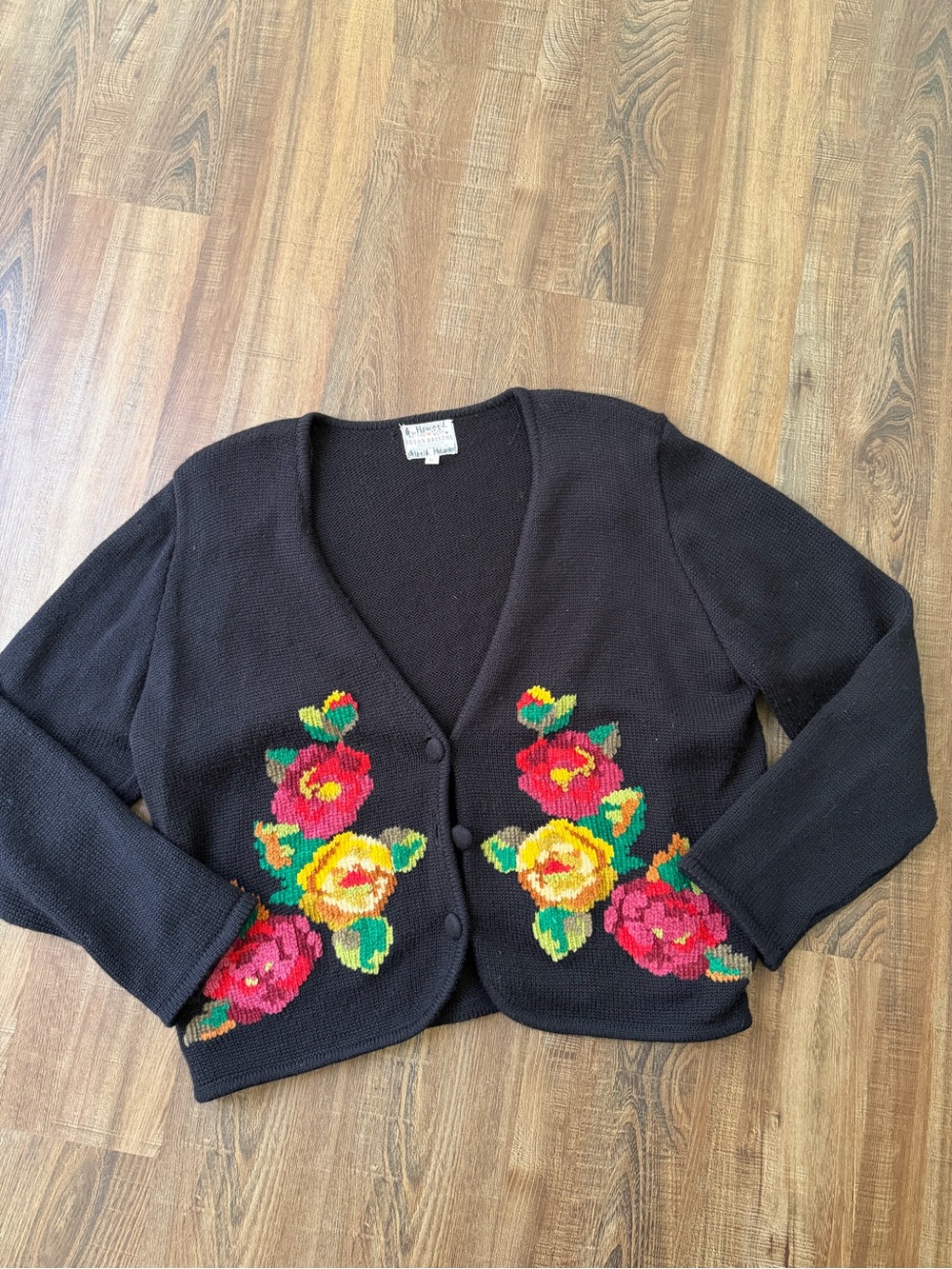 Vtg 1991 Susan Bristol black cardigan with chenille flowers size Large